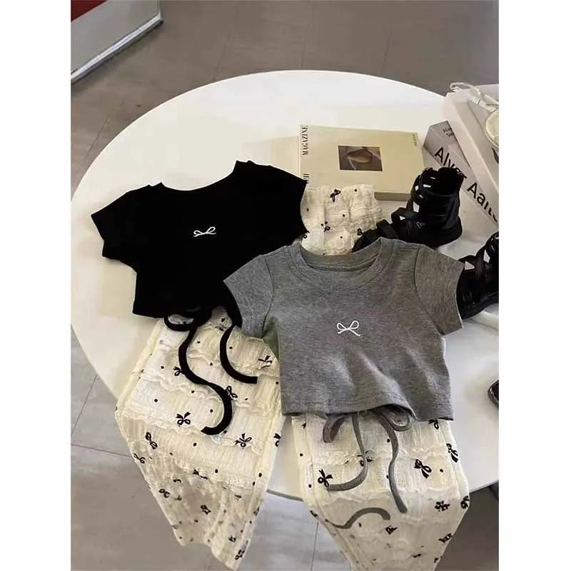 Girls Fashion Blouse Sets Summer Bow Tops Suits New Baby Short Sleeve T-Shirt Pants 2 Piece Summer Sweet Casual Kids Clothing