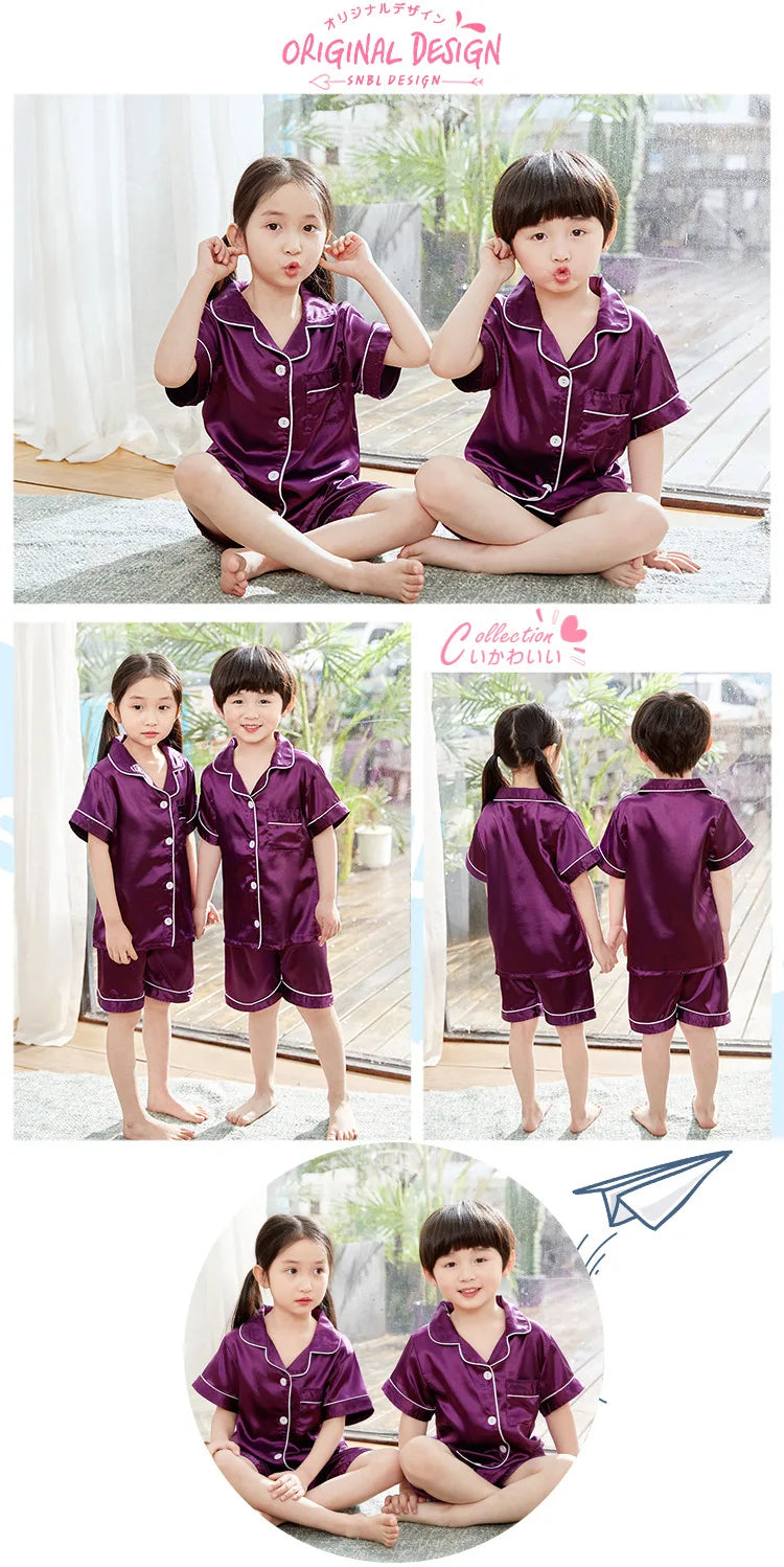 2024 New Summer Children Clothes Pajama Set Stain Silk Soft Solid Color Comfortable Clothing Kids Girls Boys Pajamas Sleepwear