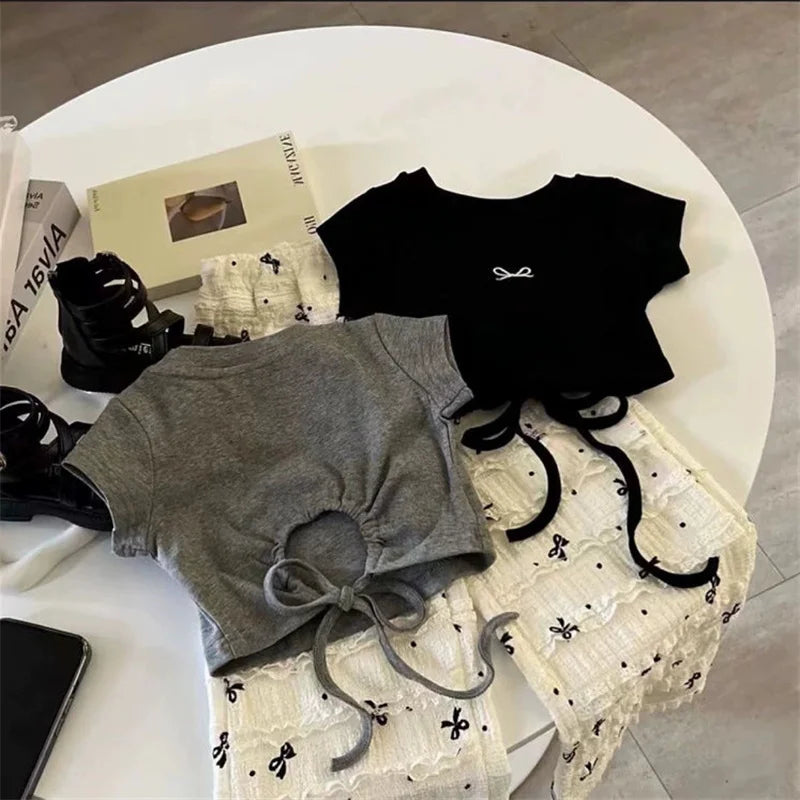 Girls Fashion Blouse Sets Summer Bow Tops Suits New Baby Short Sleeve T-Shirt Pants 2 Piece Summer Sweet Casual Kids Clothing