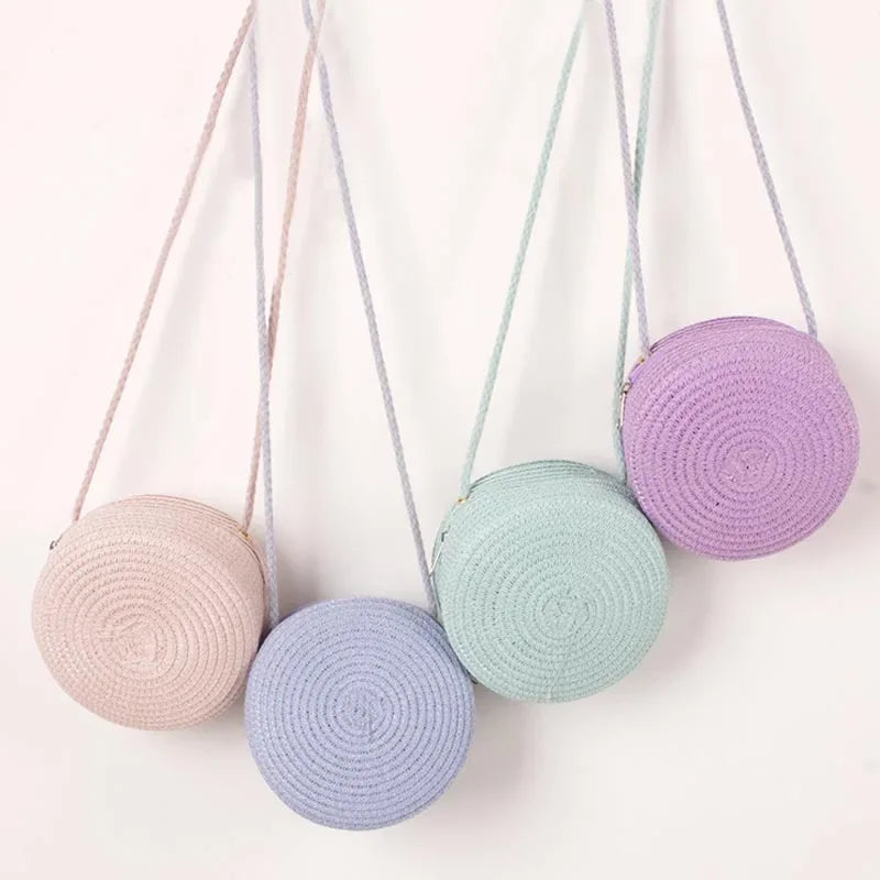 Baby Girl Fashion Casual Solid Straw Shoulder Bags Backpack Accessories Kids Coin Purse Kids Children Cute Round Messenger Bag