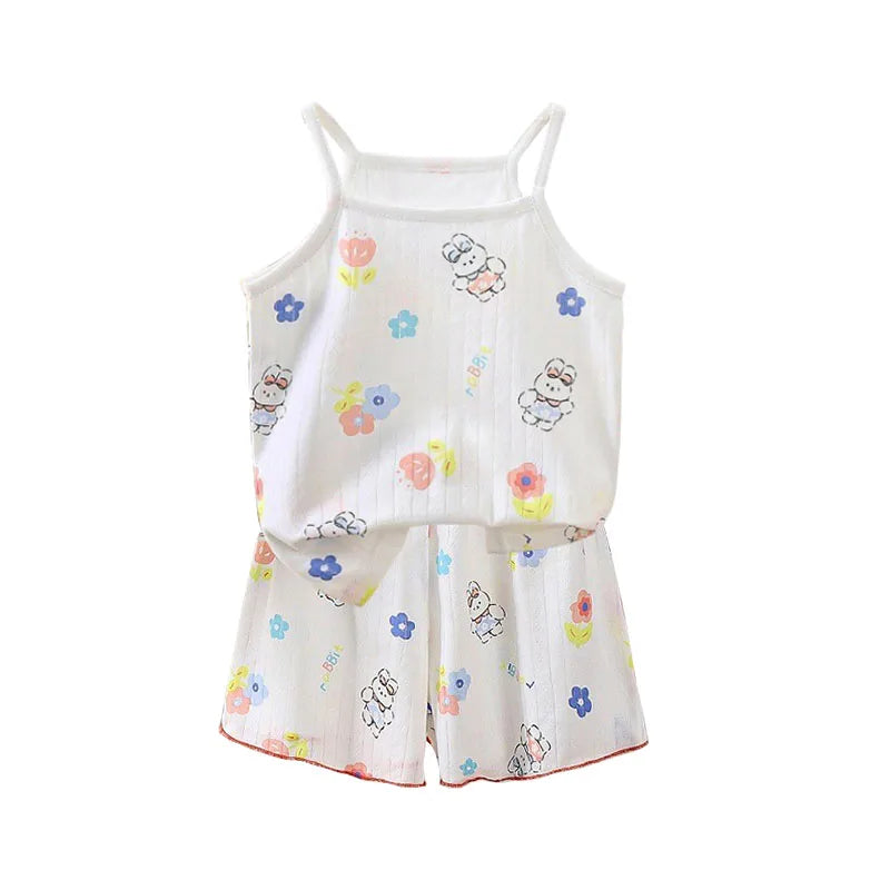 Summer Camisole Sling Tops+Shorts 2-Piece Set Girl's Soft Cotton Pajamas Fashion Cartoon Print Kids Home Clothes Casual Suit New