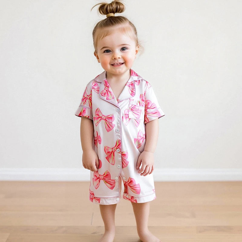 Adorable Infant Princess Bow Satin Pajama Set with Short Sleeves Button-up Shorts and Jumpsuit for Sweet Toddler Bedtime