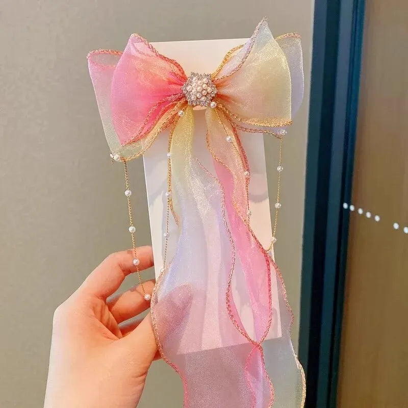 Elegant Creative Trendy Mesh Gradient Bow Tassel Hair Clips Decorative Hair Accessories For Holiday Party Girls Accessories