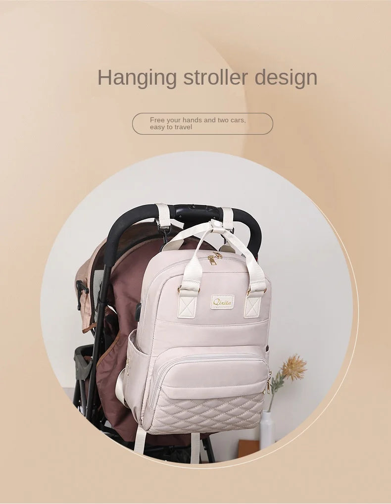 New Mommy Diaper Bags with Diaper Pad Nursing Bags Maternity USB Multifunctional Portable Large Baby Stroller Hanging Bag