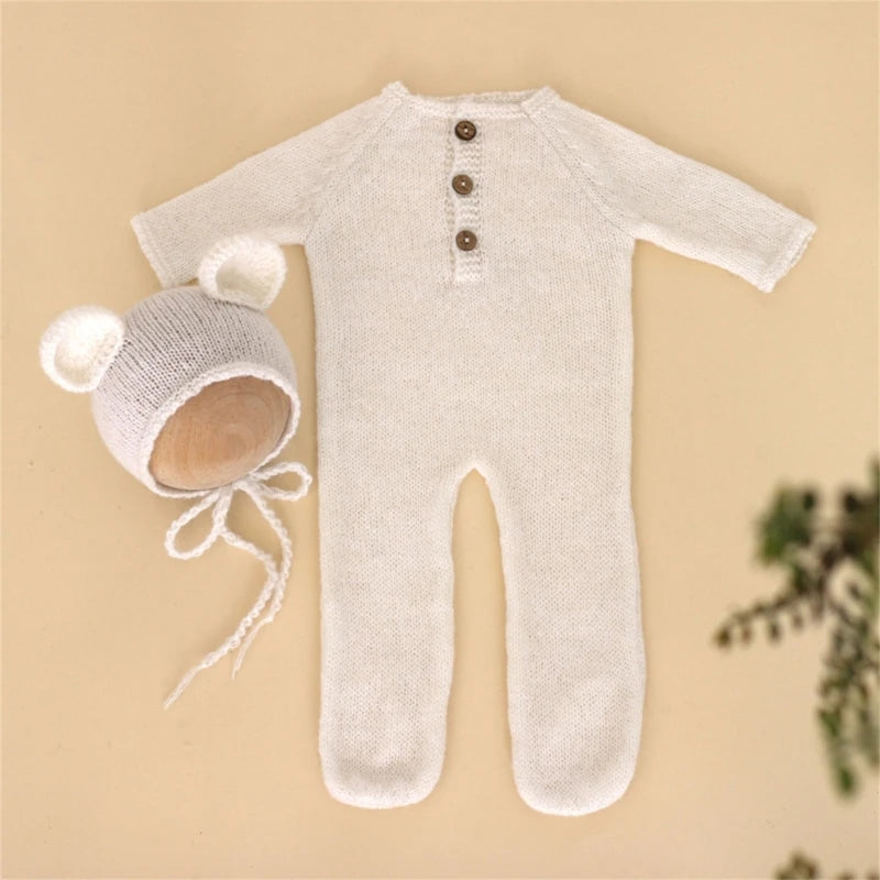 Baby Outfit Newborn Photography Props mohair Knitted Bear Rompers Footed Jumpsuit Hat 2pcs/Sets Photography Clothing Accessories