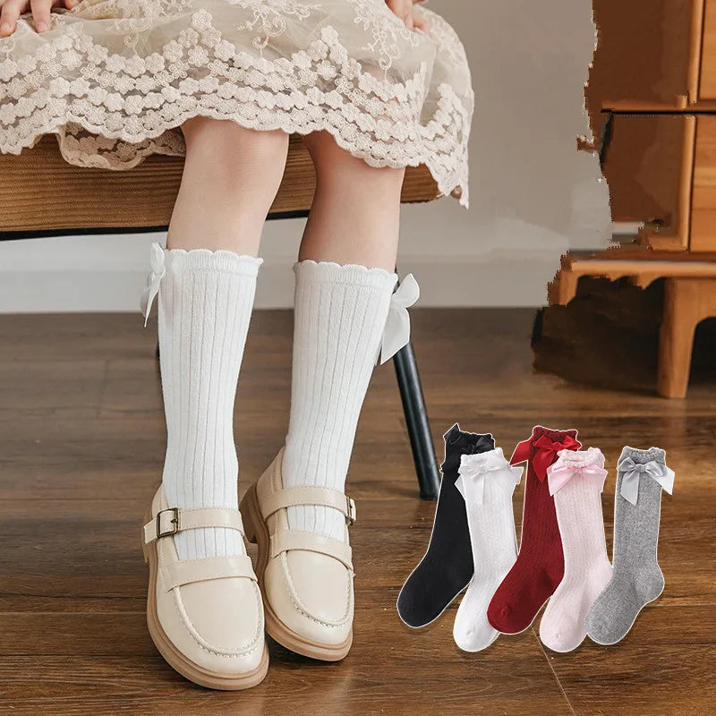Red Bow Tie Knee High Tube Socks Girls' Christmas Stockings Infants Toddlers Soft Cotton Children Non Slip Floor Socks Baby Gift