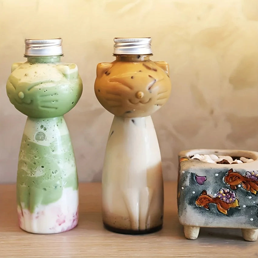 Kawaii Cat Water Bottles For Milk Tea Coffee Juice Portable Drinking Cup Home Transparent Juicing Beverage Clear Drink Bottle