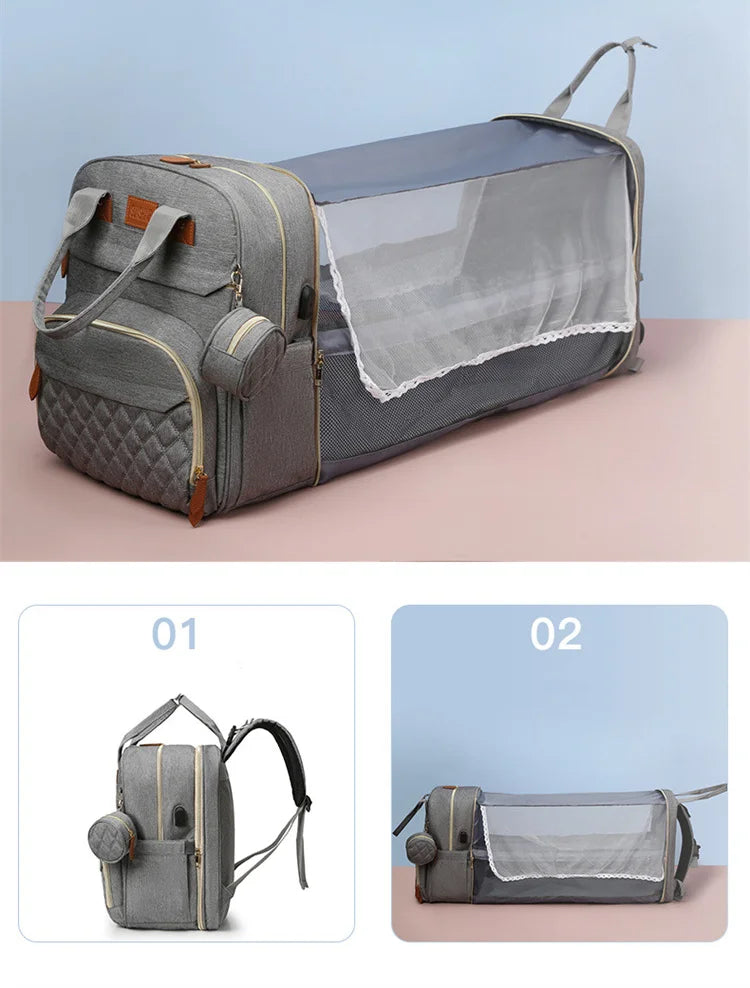 Folding Mommy Bag with USB Port and Shade Cloth Mosquito Net Portable Folding Crib Bed Multi Function Pee Pad Mother Baby Bag