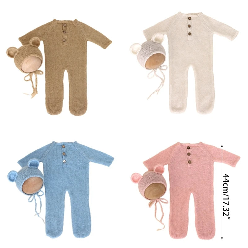 Baby Outfit Newborn Photography Props mohair Knitted Bear Rompers Footed Jumpsuit Hat 2pcs/Sets Photography Clothing Accessories