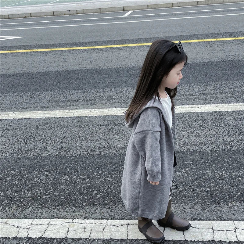 Girls Fashion Cardigan Jackets New Kids Spring Autumn Casual Coats Children Hooded Trend Long Jumper Versatile Knitted Clothing