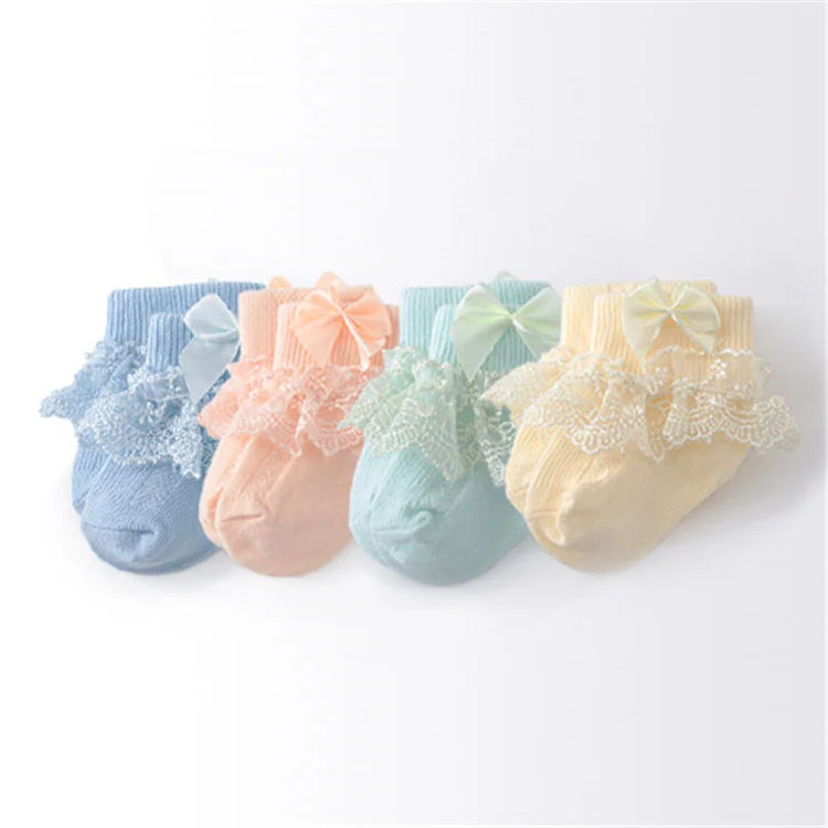 Lawadka 4Pairs/lot Newborn Baby Socks For Girls Cotton Lace Infant Girls Sock Princess Bow Toddler Baby Girls Socks Spring 0-24M