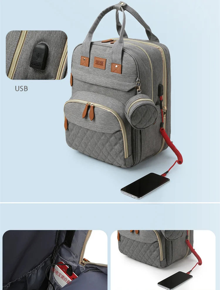 Folding Mommy Bag with USB Port and Shade Cloth Mosquito Net Portable Folding Crib Bed Multi Function Pee Pad Mother Baby Bag