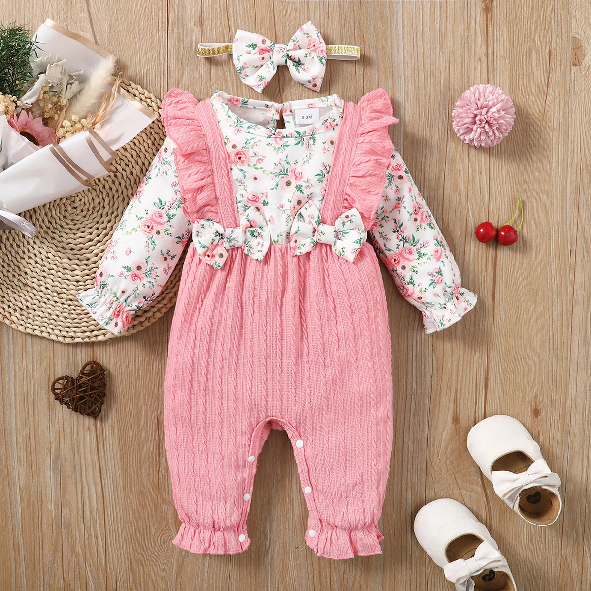 0-18 Months Newborn Baby Girl Romper Cute Floral Long Sleeve with Bow Bodysuit+Headband Infant Girl Spring&Autumn Jumpsuit