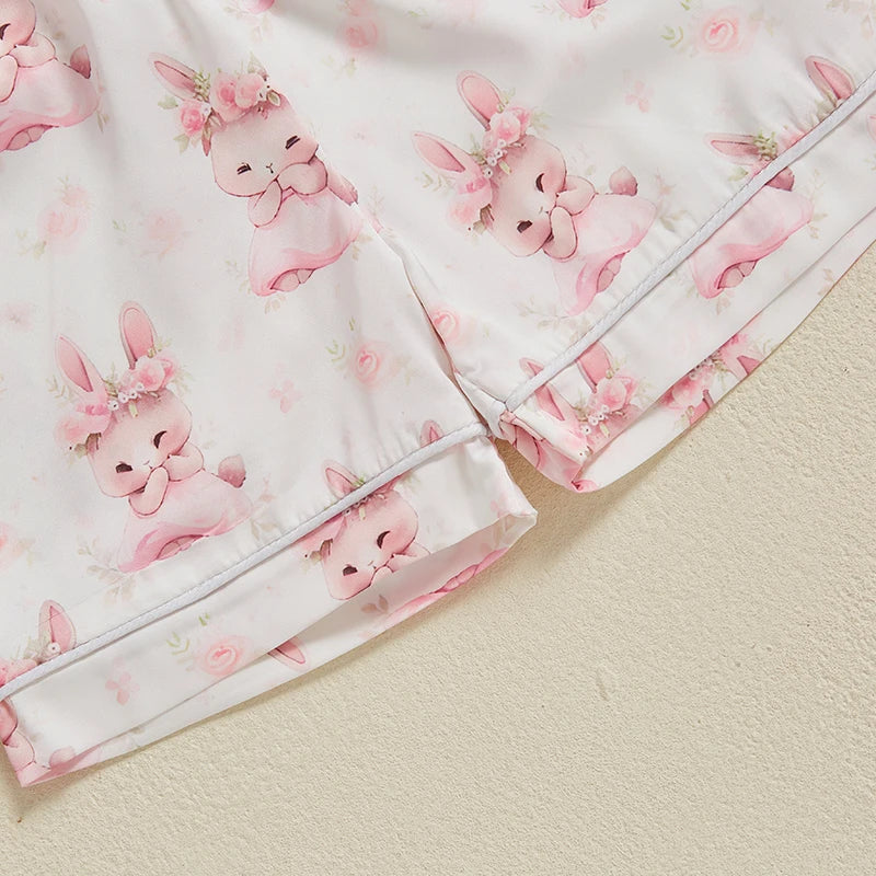 Kids Easter Satin Pajamas Set with Bunny Print Short Sleeve Lapel Button Down Tops and Shorts Sleepwear for Boys and Girls