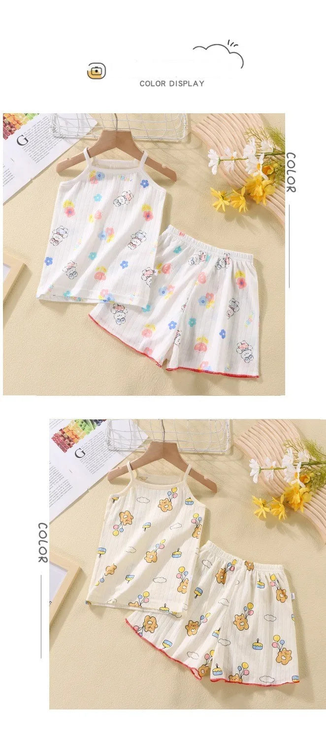 Summer Camisole Sling Tops+Shorts 2-Piece Set Girl's Soft Cotton Pajamas Fashion Cartoon Print Kids Home Clothes Casual Suit New