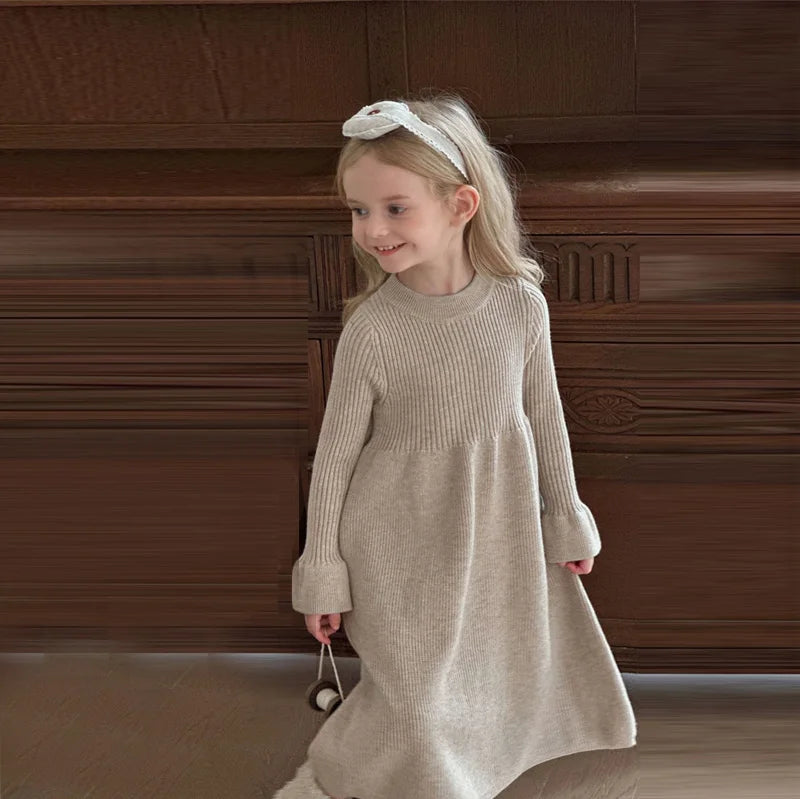 Girls Knitted Dress 2024 Autumn Winter New Children Gown Princess Solid Color Vestidos Kids Fashion Sweater Dresses Baby Clothes