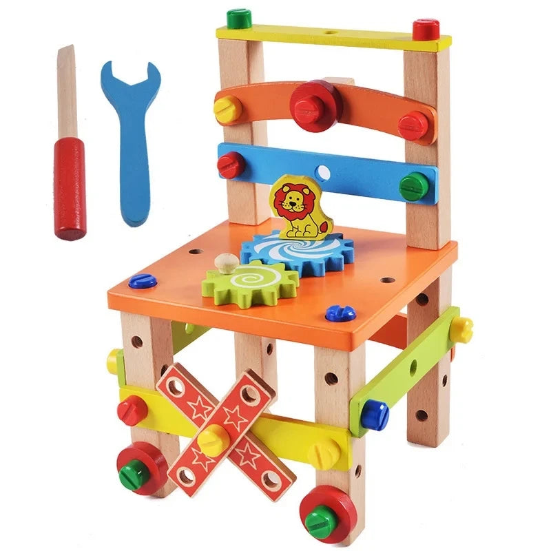 Wooden Assembling Chair Montessori Toys Kids Multifunctional Variety Nut Combination Assembly Tool Chair Educational Wooden Toys