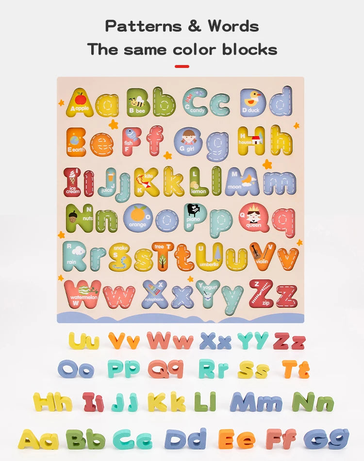 Wooden Educational Abc Puzzle Upper Case and Lower Case Letters for Birthday Gifts Boys Girls Family Game Children Preschoolers
