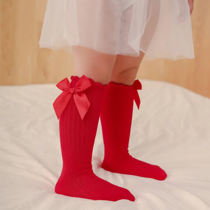 Red Bow Tie Knee High Tube Socks Girls' Christmas Stockings Infants Toddlers Soft Cotton Children Non Slip Floor Socks Baby Gift