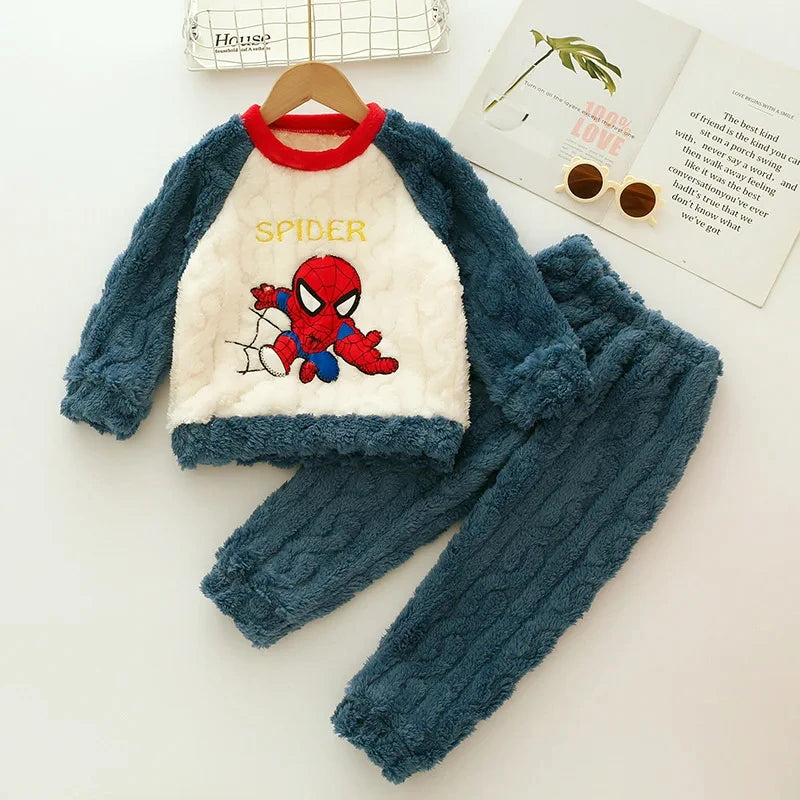 Winter Disney Children Clothing Boys Sleepwear Set Flannel Thick Long Sleeve Warm Set Pajamas Two Pieces Kids Clothes Spiderman