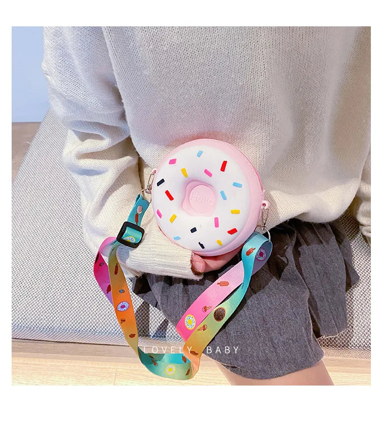 Round Donut Crossbody Bag Child Child Girl Children Shoulder Bag Adjustable Strap Vacation Travel Rainbow Printed Pocket Package