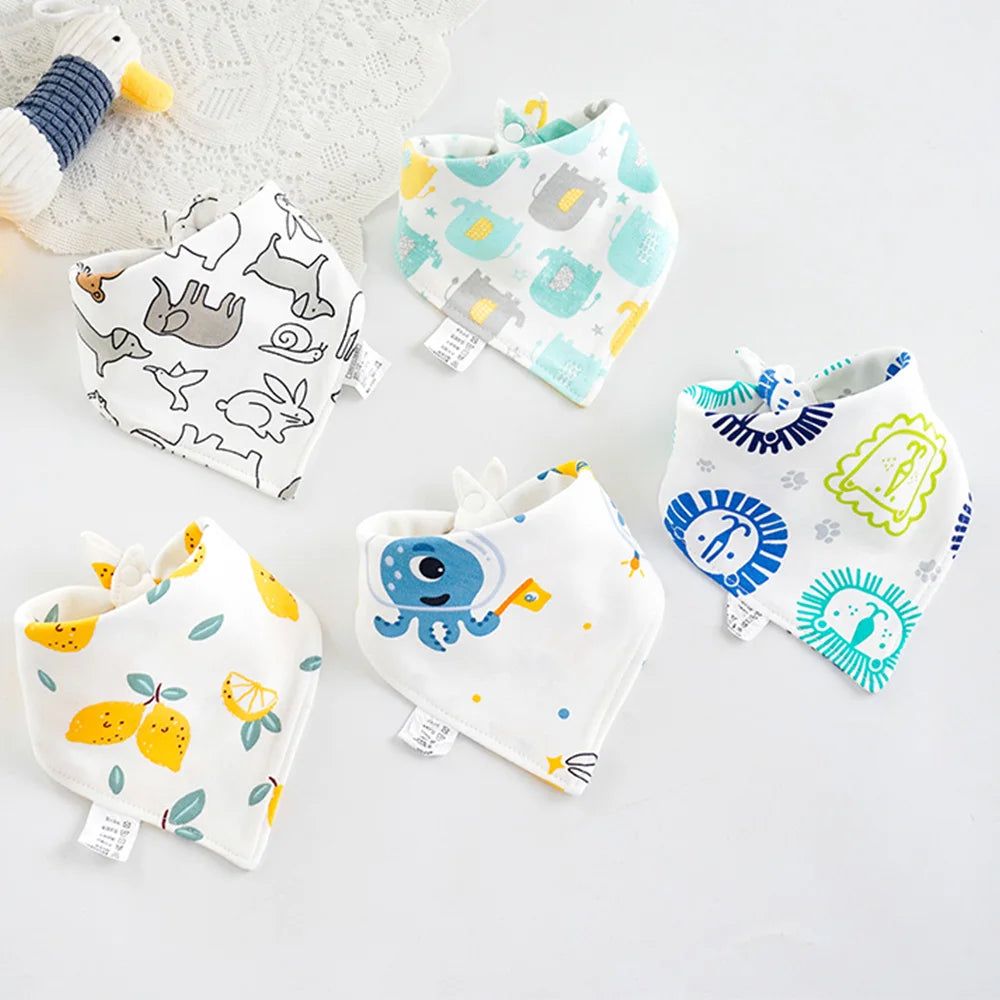 5pcs/lot Baby Bibs Triangle Double Cotton Bibs Cartoon Print Saliva Towel Baby Boys Girls Feeding Apron Cotton Bandana Bibs