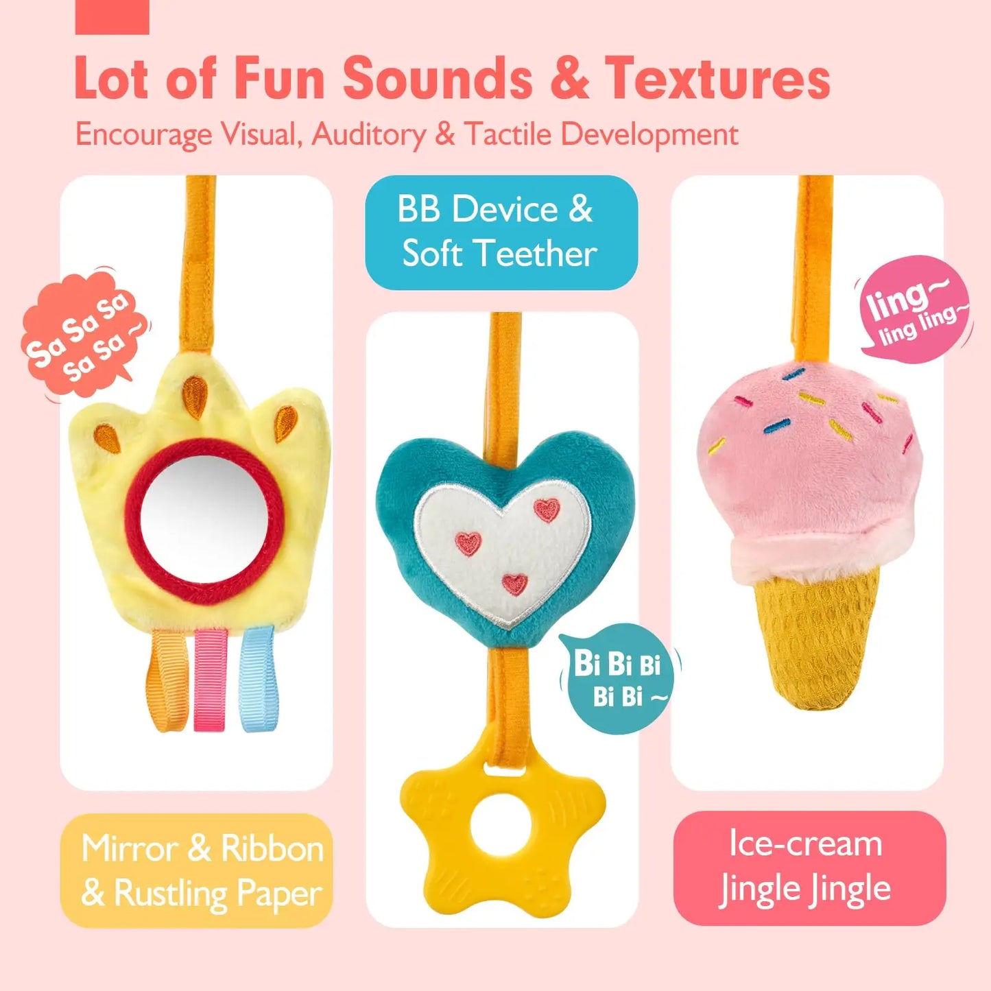 Car Seat Toys for Babies Rattle Mirror Crinkle Squeaky Carseat Stroller Toys 0-6 Months Developmental Newborn Baby Girl Gifts