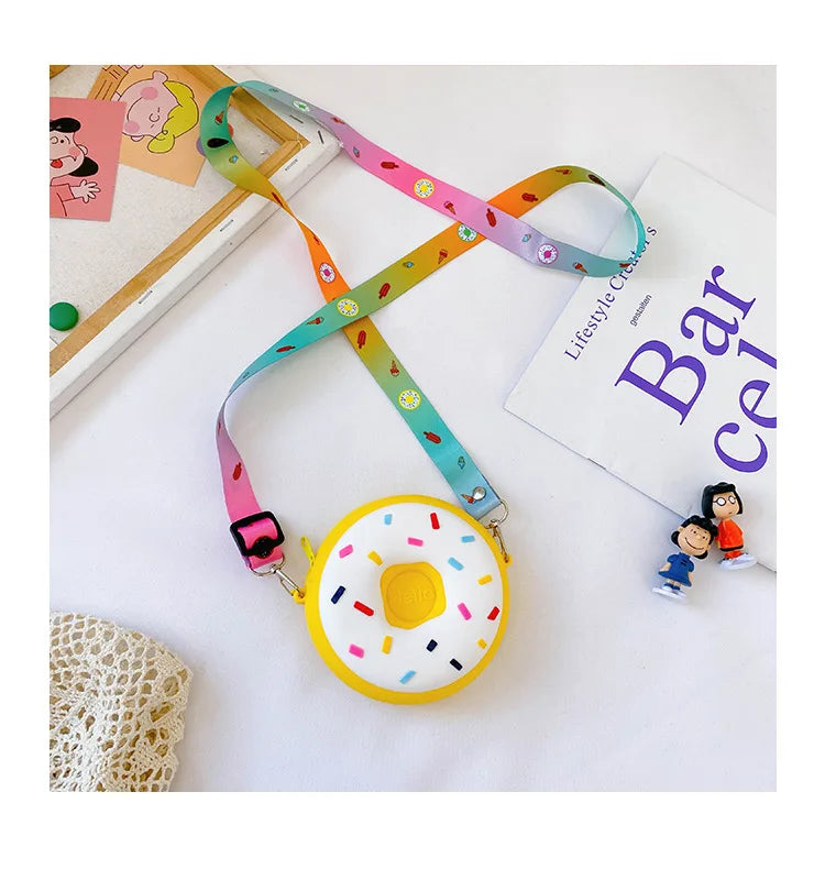 Round Donut Crossbody Bag Child Child Girl Children Shoulder Bag Adjustable Strap Vacation Travel Rainbow Printed Pocket Package