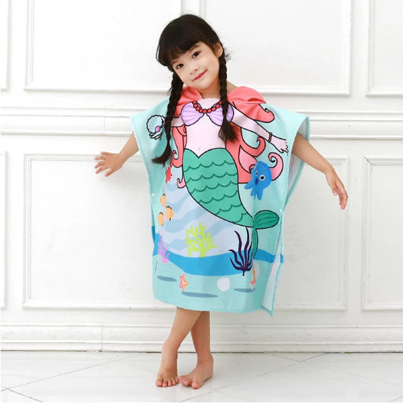 80-130cm Kids Hooded Bath Beach Poncho Towels Baby Quick Dry Bathrobe Child Cartoon Poncho Towels Microfiber Swim Cover-ups