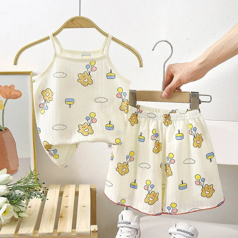 Summer Camisole Sling Tops+Shorts 2-Piece Set Girl's Soft Cotton Pajamas Fashion Cartoon Print Kids Home Clothes Casual Suit New