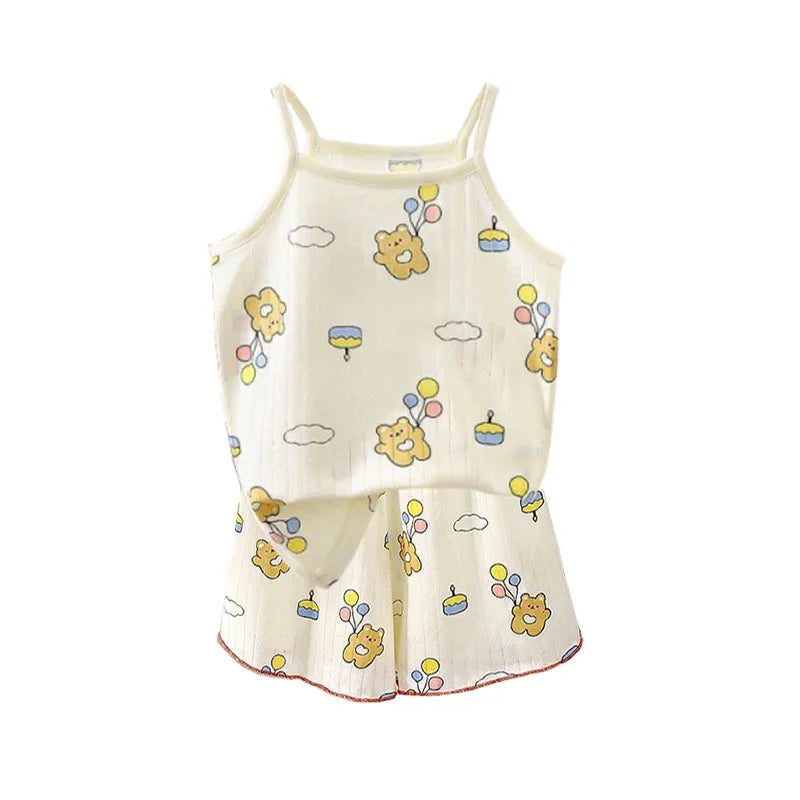 Summer Camisole Sling Tops+Shorts 2-Piece Set Girl's Soft Cotton Pajamas Fashion Cartoon Print Kids Home Clothes Casual Suit New