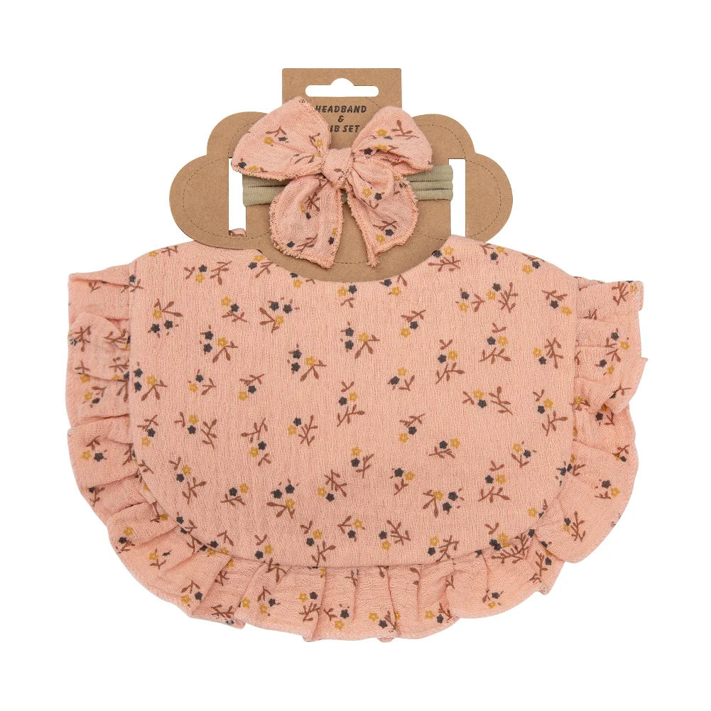 2Pcs/Set Ruffled Edge Muslin Cotton Baby Bibs Hair Bows Girls Headbands Flower Print Saliva Towel Feeding Burp Cloths Scarf
