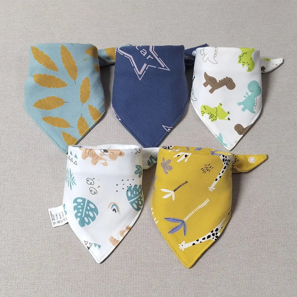 5pcs/lot Baby Bibs Triangle Double Cotton Bibs Cartoon Print Saliva Towel Baby Boys Girls Feeding Apron Cotton Bandana Bibs
