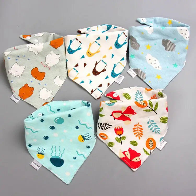 5pcs/lot Pure Cotton Baby Bibs Triangle Double Cotton Bibs Cartoon Print Saliva Towel Baby Boys Girls Feeding Apron