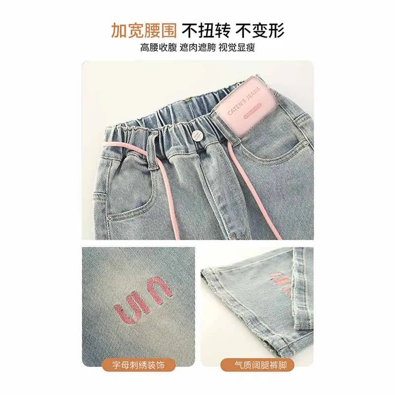 New Girls Letter Jeans Spring Autumn Kids Loose Fashion Casual Trousers Children Temperament Elastic Straight Pants 2-12 Years