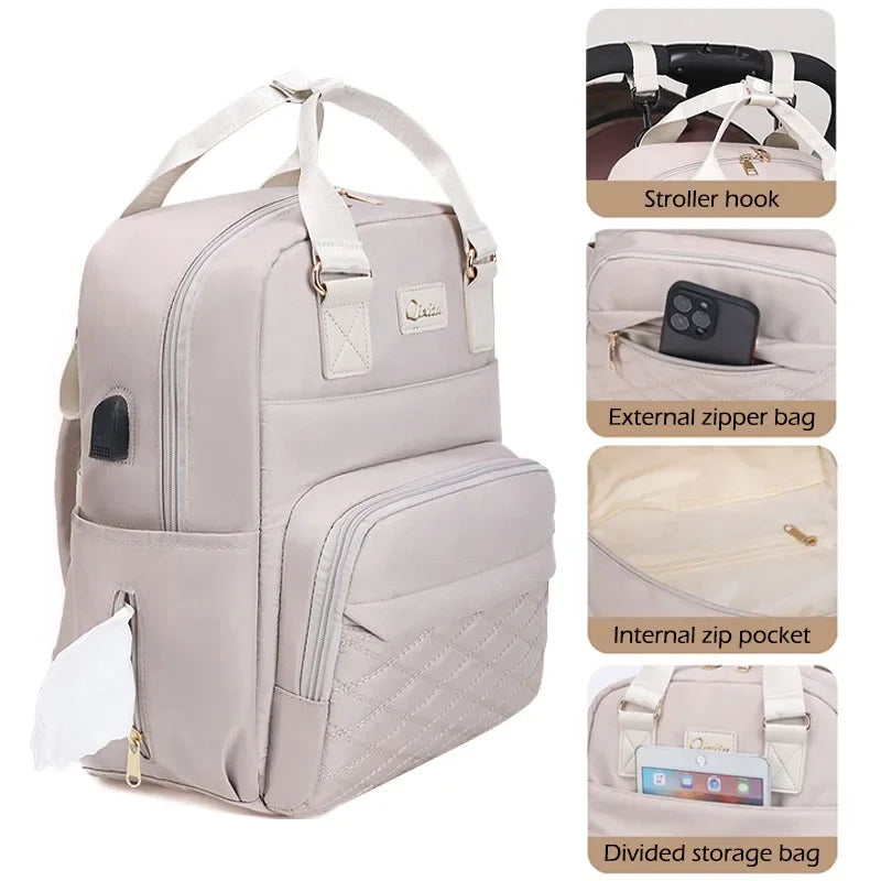 New Mommy Diaper Bags with Diaper Pad Nursing Bags Maternity USB Multifunctional Portable Large Baby Stroller Hanging Bag