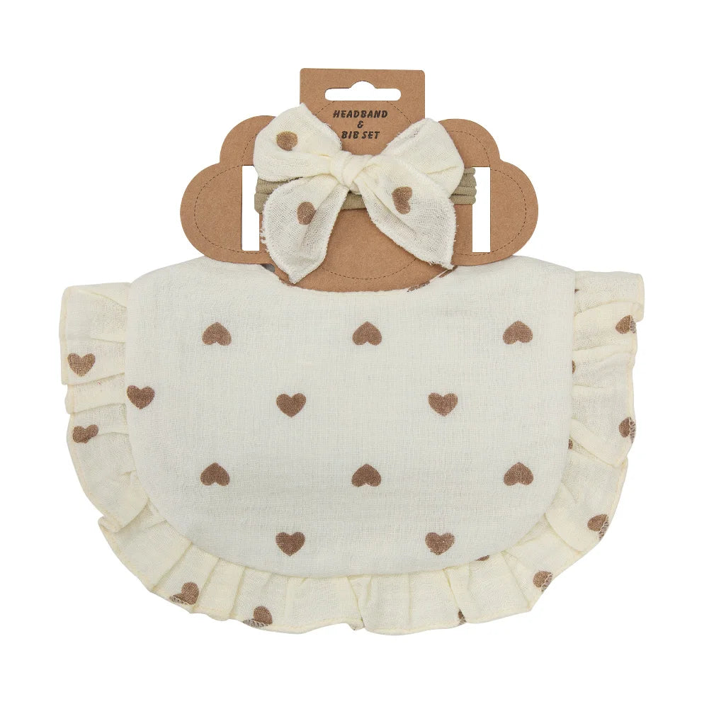2Pcs/Set Ruffled Edge Muslin Cotton Baby Bibs Hair Bows Girls Headbands Flower Print Saliva Towel Feeding Burp Cloths Scarf