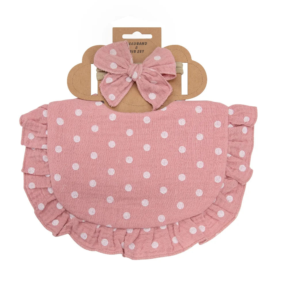 2Pcs/Set Ruffled Edge Muslin Cotton Baby Bibs Hair Bows Girls Headbands Flower Print Saliva Towel Feeding Burp Cloths Scarf