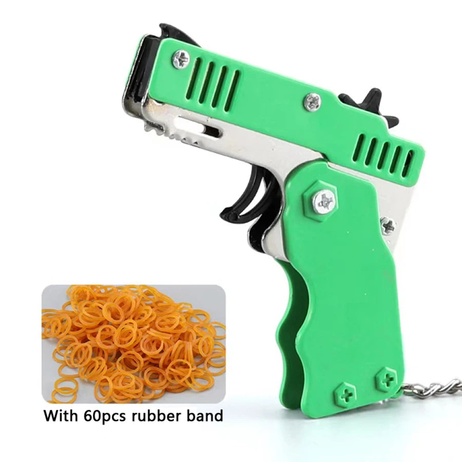 Metal Burst Rubber Band Toy - Mini Folding Launcher Toy With Keychain And 60pcs Rubber Bands,Perfect Gift for Christmas