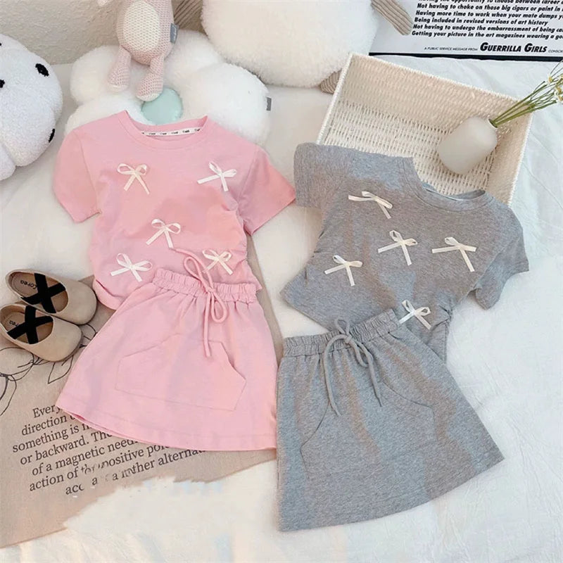 New Summer Sets Girls Bow Tie T-Shirt Suits Children's Short-Sleeved Top Skirt 2-Piece Baby Kids Fashion Sweet Clothes Outfit