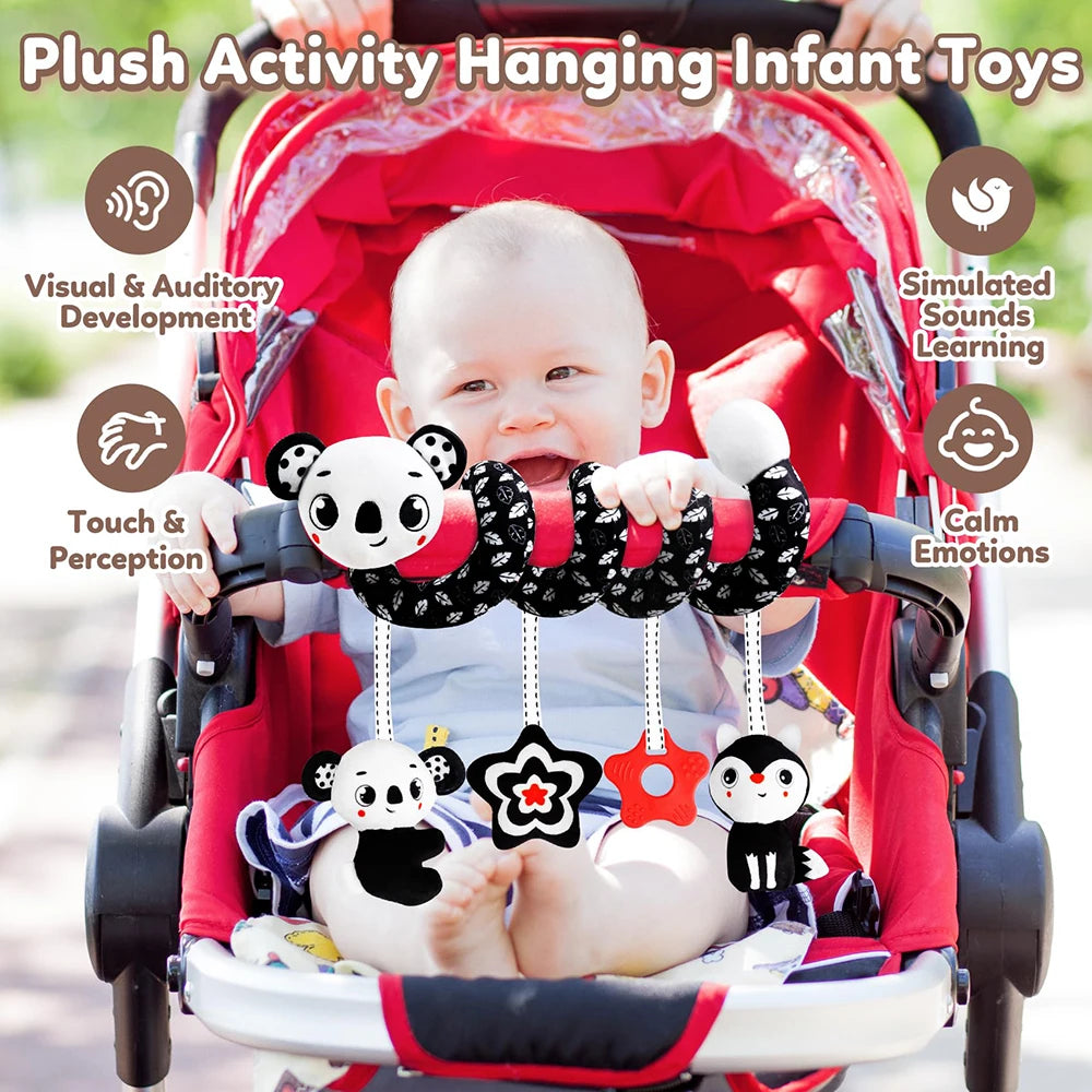 Newborns Spiral Hanging Activity Stroller Toy Baby Carseat Toy Black & White Lion Koala Rattle for Crib Mobile Sensory Toy Gift