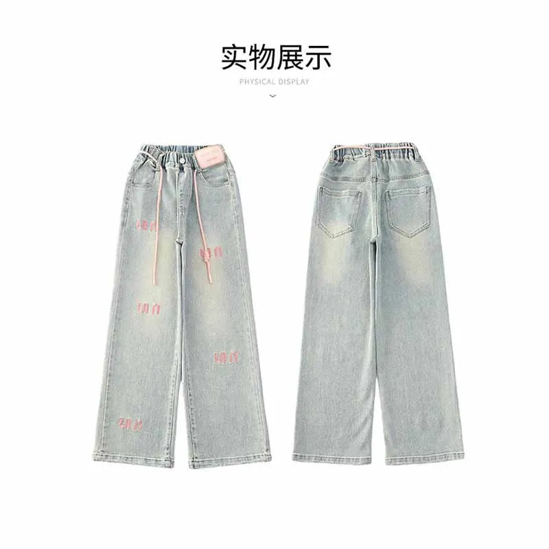 New Girls Letter Jeans Spring Autumn Kids Loose Fashion Casual Trousers Children Temperament Elastic Straight Pants 2-12 Years