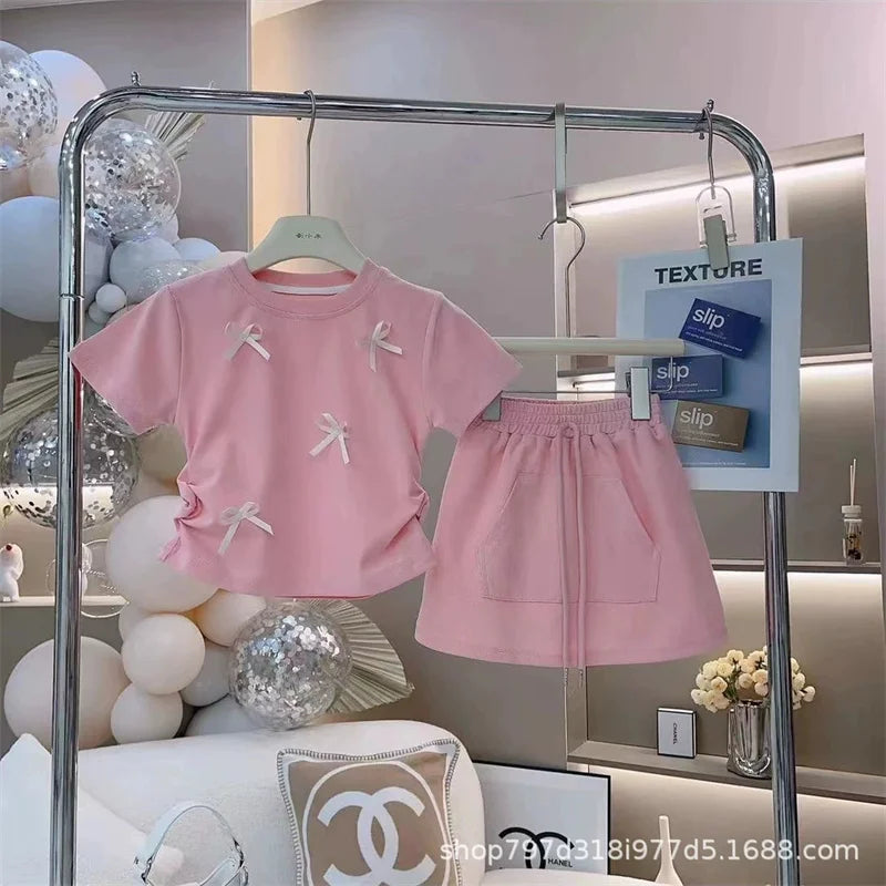 New Summer Sets Girls Bow Tie T-Shirt Suits Children's Short-Sleeved Top Skirt 2-Piece Baby Kids Fashion Sweet Clothes Outfit