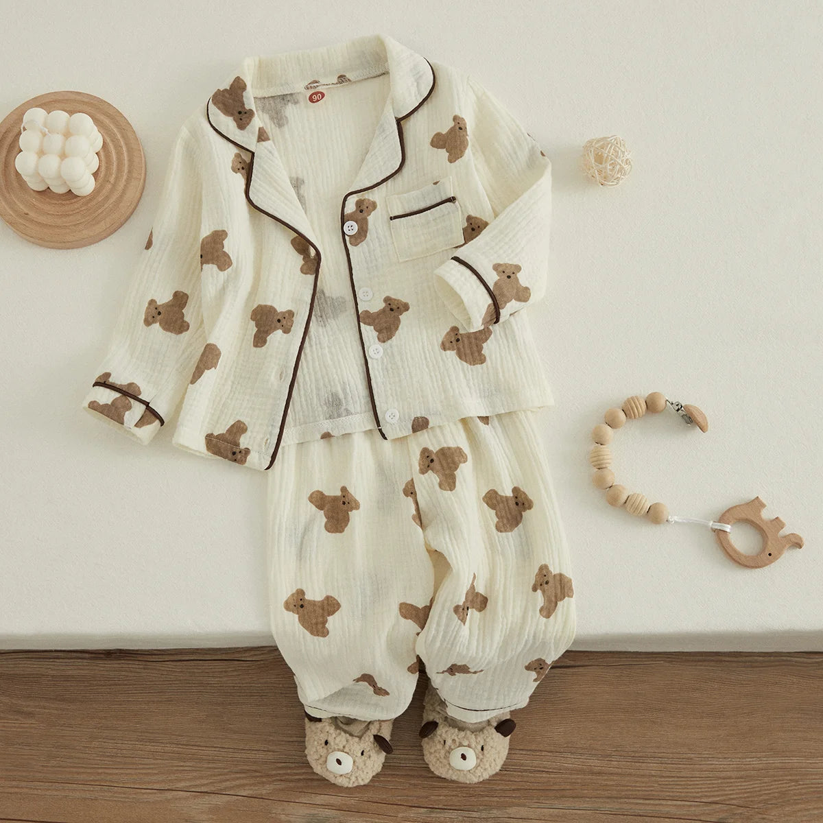 VISgogo Kids Unisex Cotton Linen Pajama Suit Bear Print Long Sleeve Front Pocket Lapel Tops Long Pants Spring Clothes Casual Set