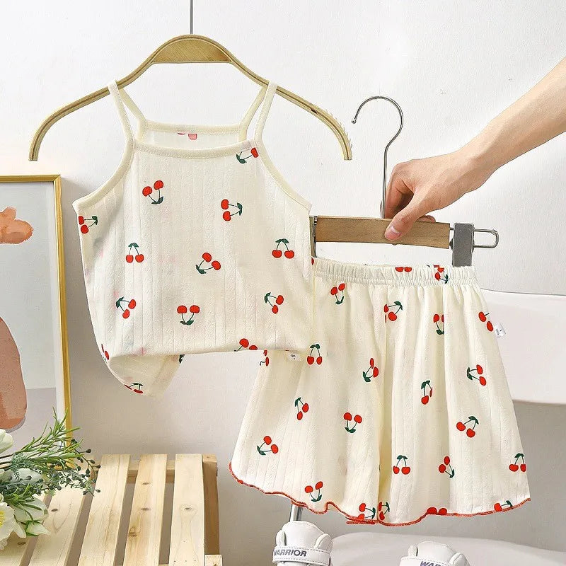 Summer Camisole Sling Tops+Shorts 2-Piece Set Girl's Soft Cotton Pajamas Fashion Cartoon Print Kids Home Clothes Casual Suit New