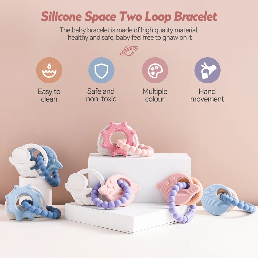 1pc Silicone Teether,Food Grade Baby 0-12 Toys,ToddlersTeething Ring Sensory Toys,Silicone Planet Teether Bracelet Accessories