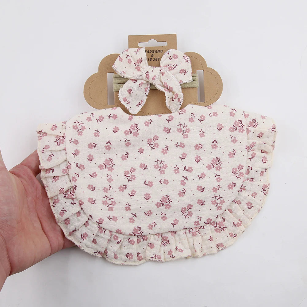 2Pcs/Set Ruffled Edge Muslin Cotton Baby Bibs Hair Bows Girls Headbands Flower Print Saliva Towel Feeding Burp Cloths Scarf
