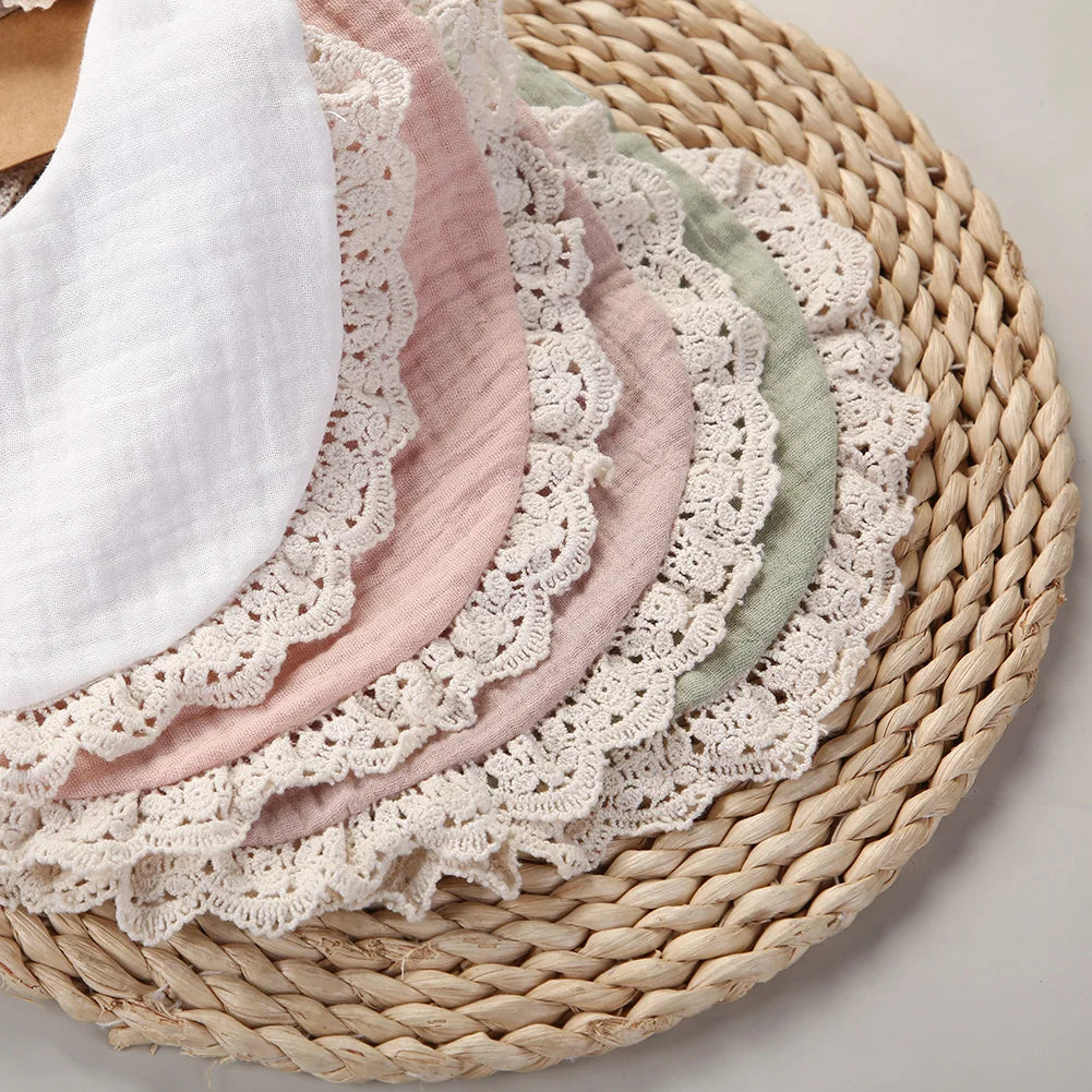 3Pcs/set Solid Muslin Cotton Baby Bibs & Lace Headbands Princess Boys Girls Saliva Towel Feeding Burp Cloths Nylon Hair Bands