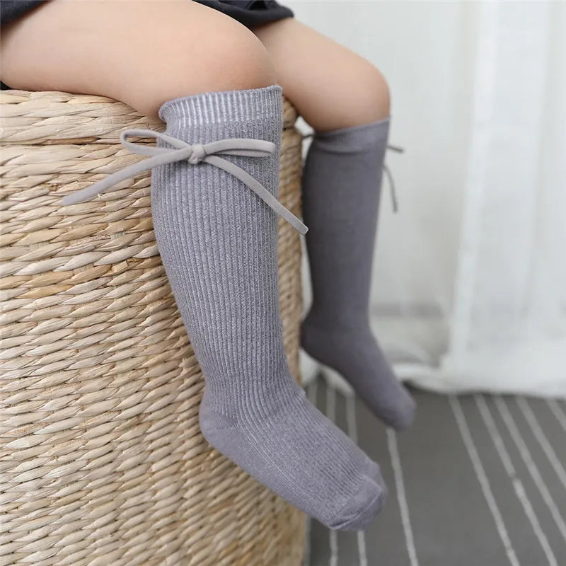 Autumn Kids Knee High Socks Baby Girls Boys Bowknot Flat Long Sock Soft Cotton Solid Children Princess Socken For 0-7 Years