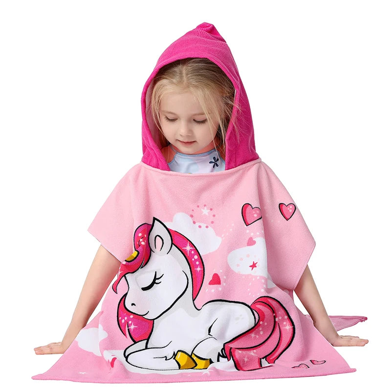 80-130cm Kids Hooded Bath Beach Poncho Towels Baby Quick Dry Bathrobe Child Cartoon Poncho Towels Microfiber Swim Cover-ups
